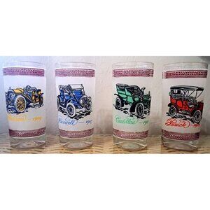 Vinage Set of Four Double Old Fashion Glasses Antique Cars